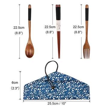 Startostar 5-piece Portable Natural Wooden Tableware Set with Travel Pouch for Dining or Camping (Fork, Spoon, and Chopsticks)