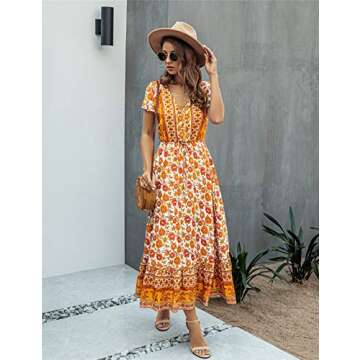 Saslax Women's Maxi Dresses Casual Floral Short Sleeve V Neck High Waist Button Up Boho Dress, Yellow Small