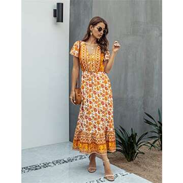 Saslax Women's Maxi Dresses Casual Floral Short Sleeve V Neck High Waist Button Up Boho Dress, Yellow Small