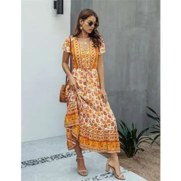 Saslax Women's Maxi Dresses Casual Floral Short Sleeve V Neck High Waist Button Up Boho Dress, Yellow Small