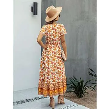 Saslax Women's Maxi Dresses Casual Floral Short Sleeve V Neck High Waist Button Up Boho Dress, Yellow Small