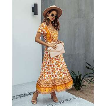 Saslax Women's Maxi Dresses Casual Floral Short Sleeve V Neck High Waist Button Up Boho Dress, Yellow Small