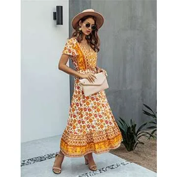 Saslax Women's Maxi Dresses Casual Floral Short Sleeve V Neck High Waist Button Up Boho Dress, Yellow Small