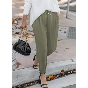 EVALESS Womens Work Pants 2025 Summer Trendy Drawstring Elastic High Waisted ﻿Trousers Business Casual Teacher Pants Fashion Loose Comfy Harem Joggers Pants with Pockets Green X-Large