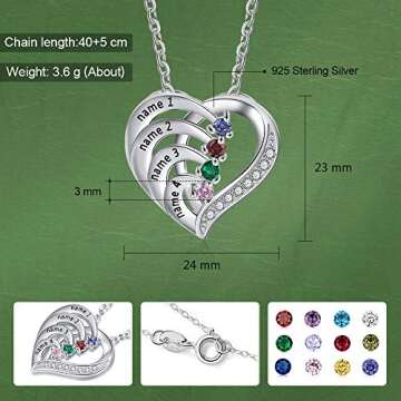 925 Sterling Silver Mother Necklace with 3-4 Simulated Birthstones Personalized Women's Promise Necklace Engraved Names Family Anniversary Jewelry for Grandma (4 Stones)