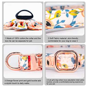 Hilkycton Dog Collar and Leash Set with Flower Bow Tie Girls Dog Collar Dog Tag Metal Buckle Adjustable for Small Medium Large Dogs, Orange Floarl-S