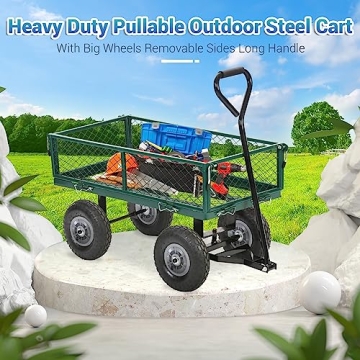 Garden Carts with Wheels Yard Dump Wagon Cart Lawn Utility Cart Outdoor Steel Heavy Duty Beach Lawn Yard Landscape