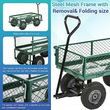 Garden Carts with Wheels Yard Dump Wagon Cart Lawn Utility Cart Outdoor Steel Heavy Duty Beach Lawn Yard Landscape