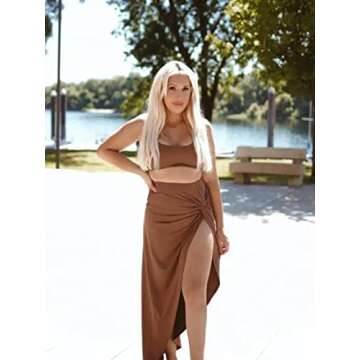 ZAFUL Women's Solid Marled Crop Top and Draped Ruched Maxi Skirt Set Two Piece Dress (C-Coffee, S)