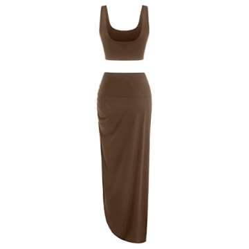 ZAFUL Women's Solid Marled Crop Top and Draped Ruched Maxi Skirt Set Two Piece Dress (C-Coffee, S)