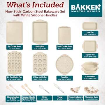 BAKKENMASTE 18-Piece Deluxe Nonstick Carbon Steel Bakeware Set - Professional Kitchen Oven Baking Pa...