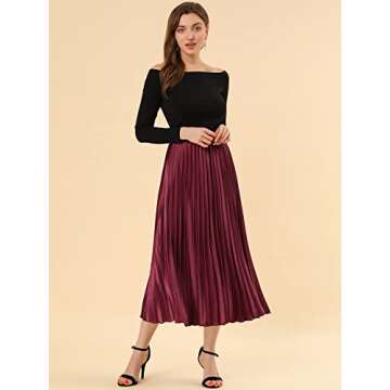 Allegra K Women's Party Elastic Waist Metallic Shiny Accordion Pleated Midi Skirt Large Burgundy