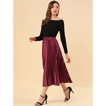 Allegra K Women's Party Elastic Waist Metallic Shiny Accordion Pleated Midi Skirt Large Burgundy