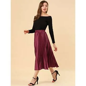 Allegra K Women's Party Elastic Waist Metallic Shiny Accordion Pleated Midi Skirt Large Burgundy