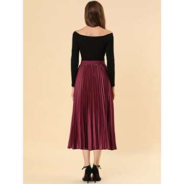 Allegra K Women's Party Elastic Waist Metallic Shiny Accordion Pleated Midi Skirt Large Burgundy