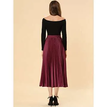 Allegra K Women's Party Elastic Waist Metallic Shiny Accordion Pleated Midi Skirt Large Burgundy