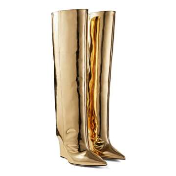 THESHY Women‘s Pointed Toe Knee High Boot Wedge Metallic High Heel Thigh High Boot Patent Leather Pull on Shoes