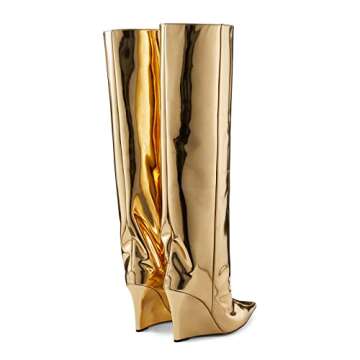THESHY Women‘s Pointed Toe Knee High Boot Wedge Metallic High Heel Thigh High Boot Patent Leather Pull on Shoes