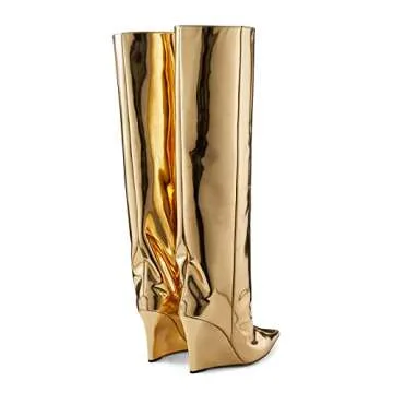 THESHY Women‘s Pointed Toe Knee High Boot Wedge Metallic High Heel Thigh High Boot Patent Leather Pull on Shoes