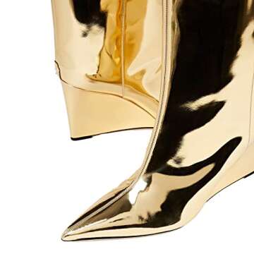 THESHY Women‘s Pointed Toe Knee High Boot Wedge Metallic High Heel Thigh High Boot Patent Leather Pull on Shoes