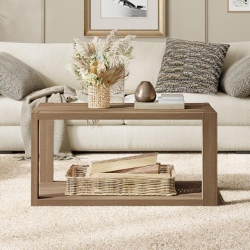 SICOTAS Farmhouse Wood Coffee Table with Storage Shelf