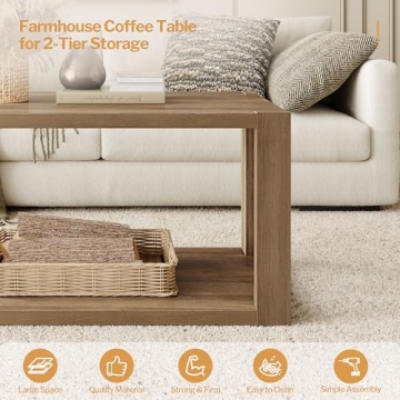 SICOTAS Farmhouse Wood Coffee Table with Storage Shelf