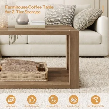 SICOTAS Farmhouse Wood Coffee Table with Storage Shelf