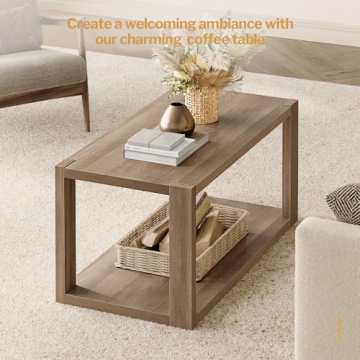 SICOTAS Farmhouse Wood Coffee Table with Storage Shelf