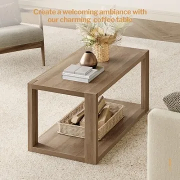 SICOTAS Farmhouse Wood Coffee Table with Storage Shelf