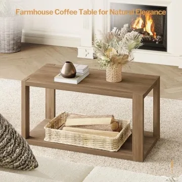 SICOTAS Farmhouse Wood Coffee Table with Storage Shelf