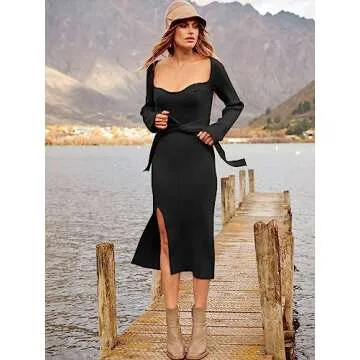 ANRABESS Women 2024 Fall Long Sleeve Bodycon Sweater Dress Sweetheart Neck Slim Fit Tie Waist Cute Rib Knit Midi Dresses Black X-Large