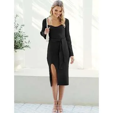 ANRABESS Women 2024 Fall Long Sleeve Bodycon Sweater Dress Sweetheart Neck Slim Fit Tie Waist Cute Rib Knit Midi Dresses Black X-Large