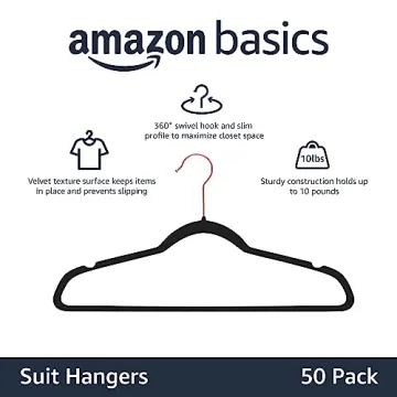 Amazon Basics Slim, Velvet, Non-Slip Suit Clothes Hangers, Black/Rose Gold - Pack of 50