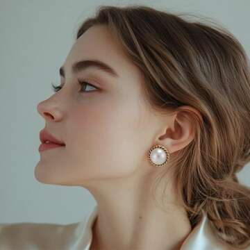 Mierfyni Pearl Stud Earrings, Gold Pearl Earrings Studs, Faux Pearl Earrings for Women Gold Plated 18K, Big Gold Stud Earrings Mabe Pearl Button with Gold Twist Trim