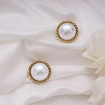 Mierfyni Pearl Stud Earrings, Gold Pearl Earrings Studs, Faux Pearl Earrings for Women Gold Plated 18K, Big Gold Stud Earrings Mabe Pearl Button with Gold Twist Trim