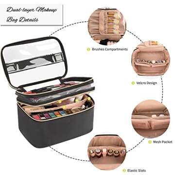 Makeup Bag, Double layer Cosmetic Cases Travel Makeup Organizer Toiletry Bags Large Make Up Bag For ...