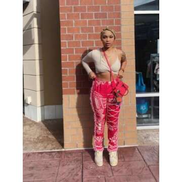 NIFTRIRY Women Hippie Tassel Pattern Printing Elastic Pants Folk Style Ninth Straight Pants Party Music Festival Wear