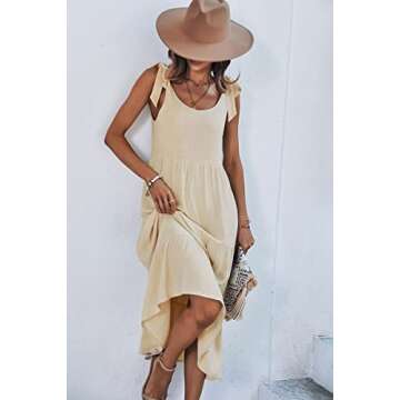 chouyatou Women's Summer Adjustable Spaghetti Strap Solid Ruffle Swing Midi Dress (Medium, Apricot)