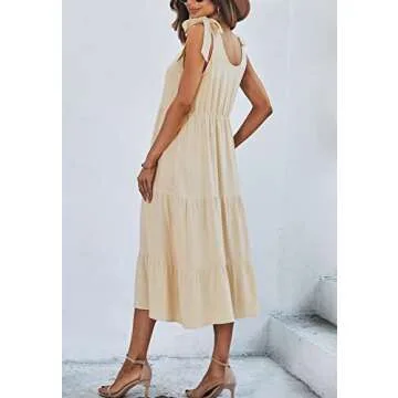 chouyatou Women's Summer Adjustable Spaghetti Strap Solid Ruffle Swing Midi Dress (Medium, Apricot)