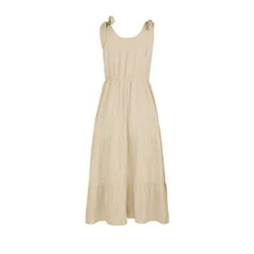 chouyatou Women's Summer Adjustable Spaghetti Strap Solid Ruffle Swing Midi Dress (Medium, Apricot)