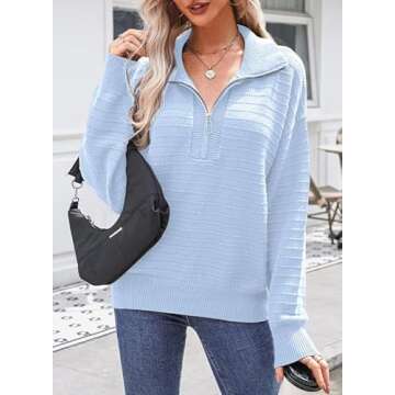 Dokotoo Womens Fall Sweaters Half Zip Pullovers High Neck Long Sleeve Winter Sweater Fashion Casual Lightweight Ribbed Knit Tunic Tops Sky Blue Large