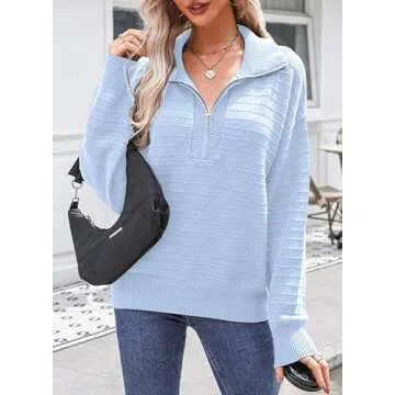 Dokotoo Womens Fall Sweaters Half Zip Pullovers High Neck Long Sleeve Winter Sweater Fashion Casual Lightweight Ribbed Knit Tunic Tops Sky Blue Large