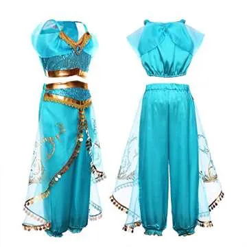Princess Jasmine Costume Dress Up Clothes Fancy Sequined Arabian Outfit Attire with Tiara Wand Gloves Accessories Set for Little Toddler Girls Kids Halloween Cosplay Birthday Party 5T 6T 5-6 Years