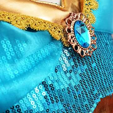 Princess Jasmine Costume Dress Up Clothes Fancy Sequined Arabian Outfit Attire with Tiara Wand Gloves Accessories Set for Little Toddler Girls Kids Halloween Cosplay Birthday Party 5T 6T 5-6 Years