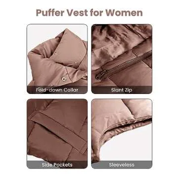 EsheSy Women's Puffer Vest Zip Up Sleeveless Lightweight Stand Collar Padded Gilet(Brown-M)