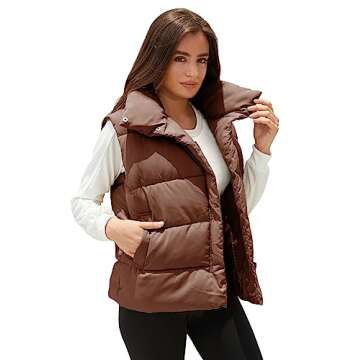 EsheSy Women's Puffer Vest Zip Up Sleeveless Lightweight Stand Collar Padded Gilet(Brown-M)