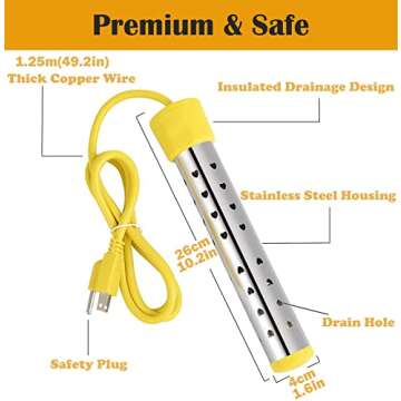 Immersion Water Heater,with 304 Stainless Steel Cover Intelligent Temperature Control and Digital LCD Thermometer Portable Bucket Heater Heat 5 Gallons of Water in Minutes