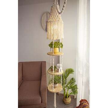 YKBU Macrame Plant Hanger Shelf Hanging Rope Shelf Indoor with Boho Lamp Shade 3 Tier Floating Round...