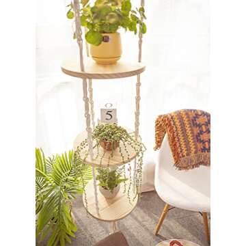 YKBU Macrame Plant Hanger Shelf Hanging Rope Shelf Indoor with Boho Lamp Shade 3 Tier Floating Round Shelves Decorative Shelf Flower Pot Holder Planter Display Rack Boho Home Decor-1 Set