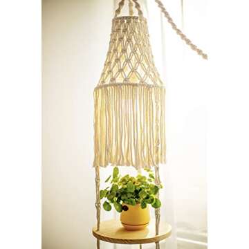 YKBU Macrame Plant Hanger Shelf Hanging Rope Shelf Indoor with Boho Lamp Shade 3 Tier Floating Round Shelves Decorative Shelf Flower Pot Holder Planter Display Rack Boho Home Decor-1 Set